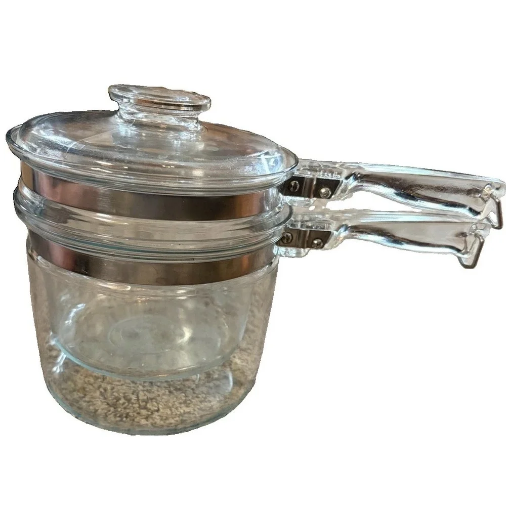 Vintage Pyrex Flameware 6283 Glass Double Boiler 3 Pc Set Lid Insert Saucepan